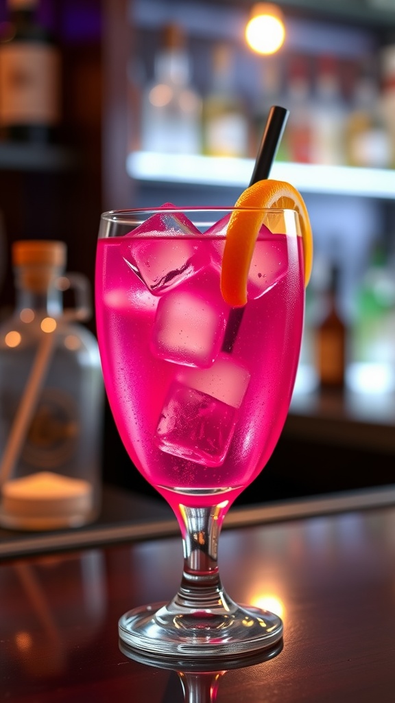 A refreshing pink gin cocktail in a glass with ice and a lemon twist, showcasing its vibrant color.